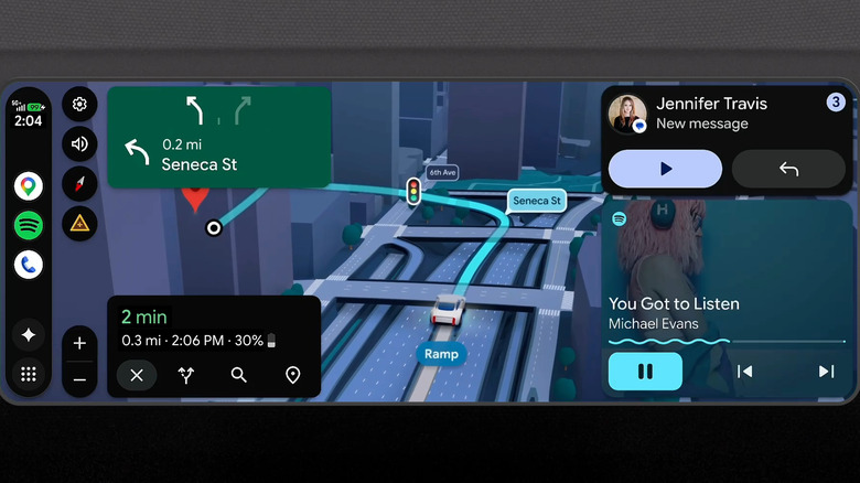 Новый дисплей Android Auto, показывающий навигацию, сообщения и музыку.