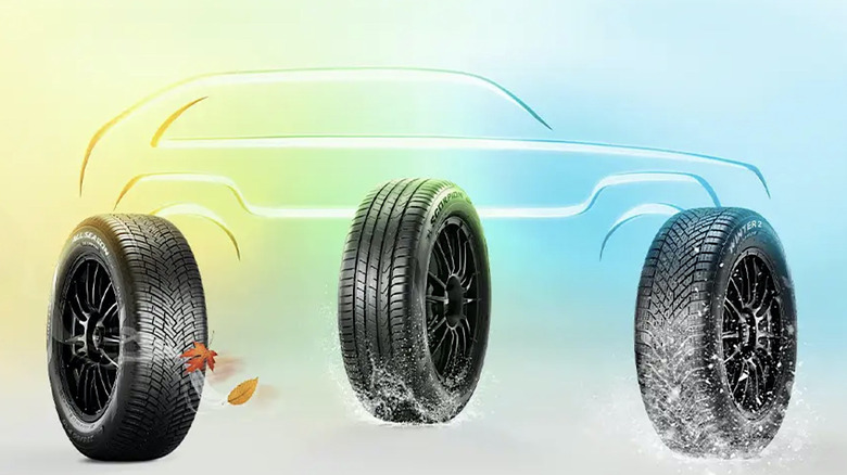 Графика, показывающая различные шины Pirelli Scorpion на разноцветном фоне.
