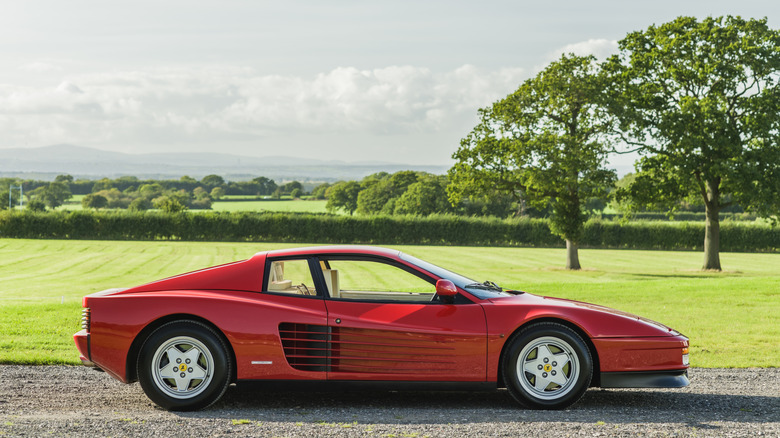 На снимке изображен Ferrari Testarossa, припаркованный в сельской местности.