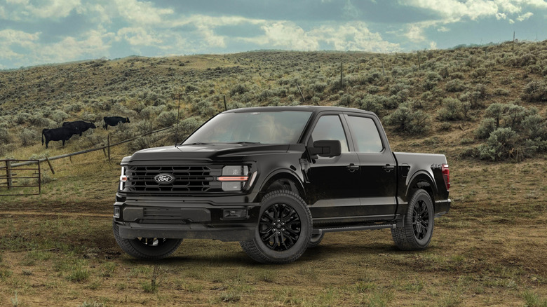 Черный Ford F-150 2026 года сидит на грязной дороге, за забором, холмами и скотом.