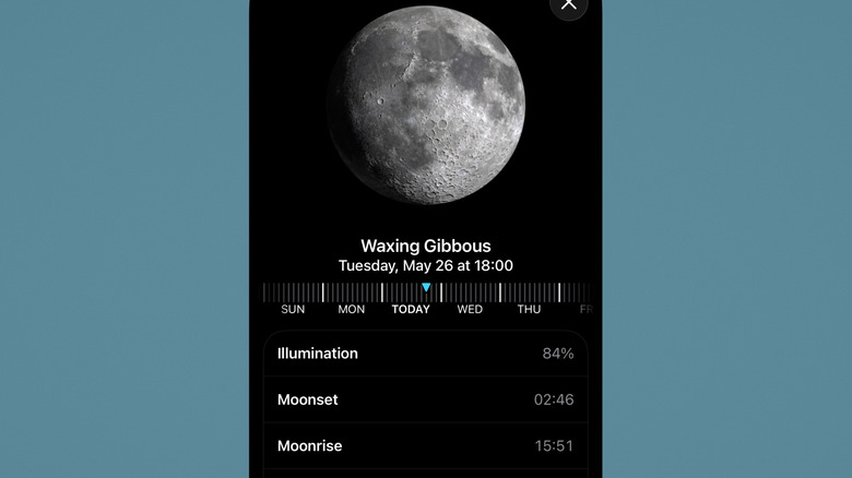 Подробная информация о фазах луны в приложении «Погода» для iPhone.