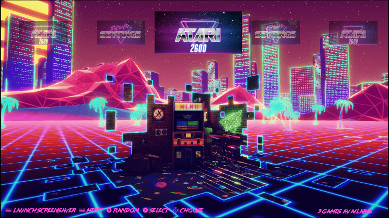 Главное меню RetroPie с темой, вдохновленной синтезаторной волной.
