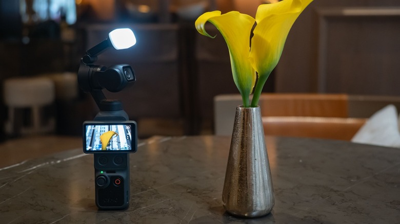 DJI Osmo Pocket 4 с прикрепленным регулируемым фонарем рядом с вазой с цветами.