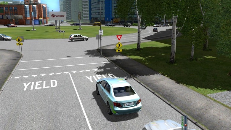 Автомобиль остановился у знака «Уступи» в City Car Driving