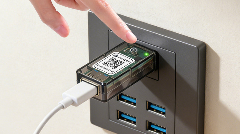 Умный USB-штекер подключен к сетевой розетке.