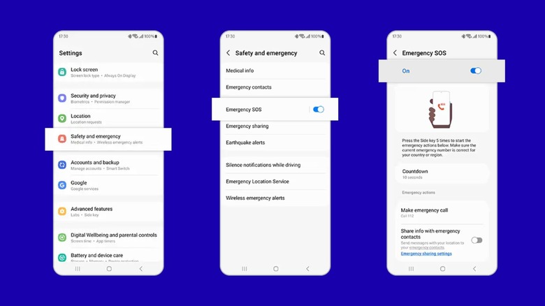 Три скриншота иллюстрируют, как включить функцию Emergency SOS на телефоне Samsung.