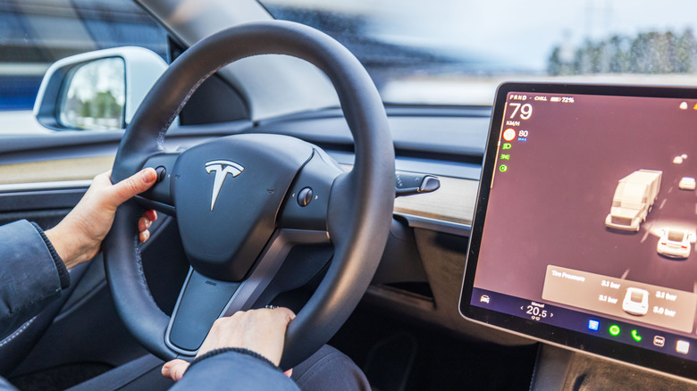Вид на рулевое колесо Tesla и экран информационно-развлекательной системы