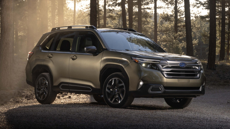 Тан Subaru Forester припарковался на лесной дороге