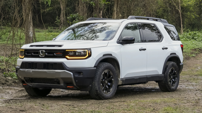 Белый Honda Passport 2026 года выпуска припаркован в лесу.