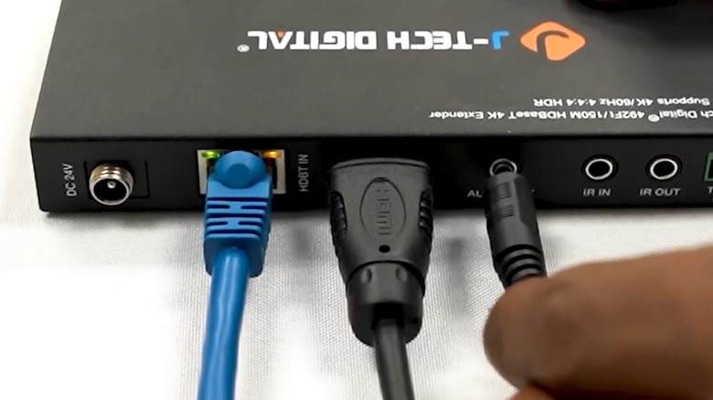 Удлинитель HDMI расположен на белой поверхности с подключенным к нему кабелем HDMI и кабелем Ethernet.