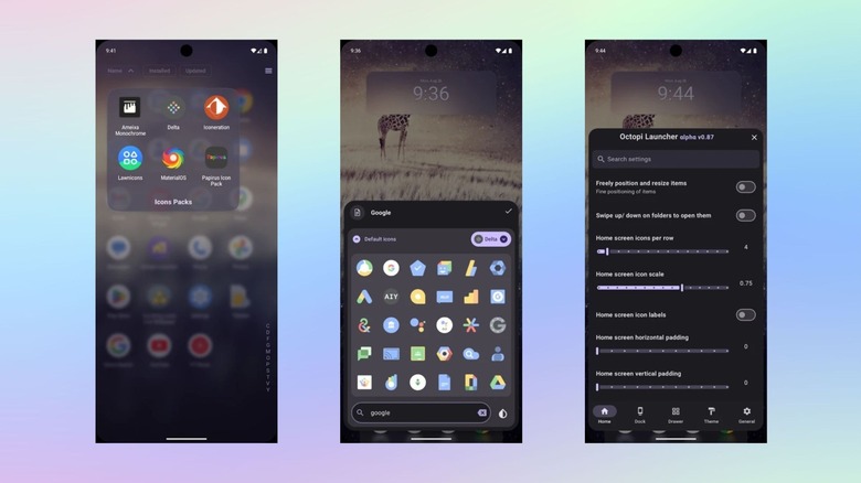 Различные меню главного экрана для приложения Octopi Launcher