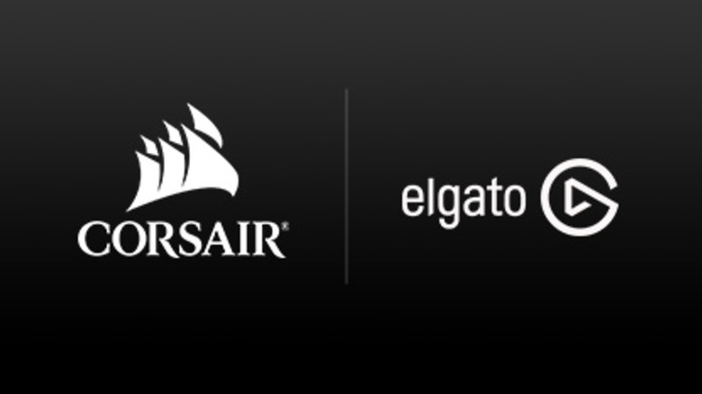 Изображение с логотипами Corsair и Elgato рядом на черном фоне.