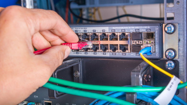 Человек, подключающий кабель Ethernet к сетевому коммутатору
