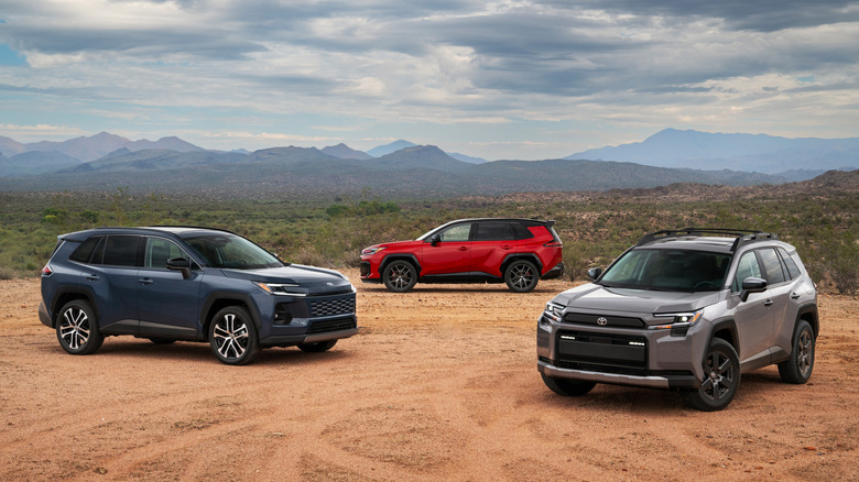 Синие, серые и красные автомобили Toyota RAV4 2026 года выпуска, припаркованные на пустынной тропе.