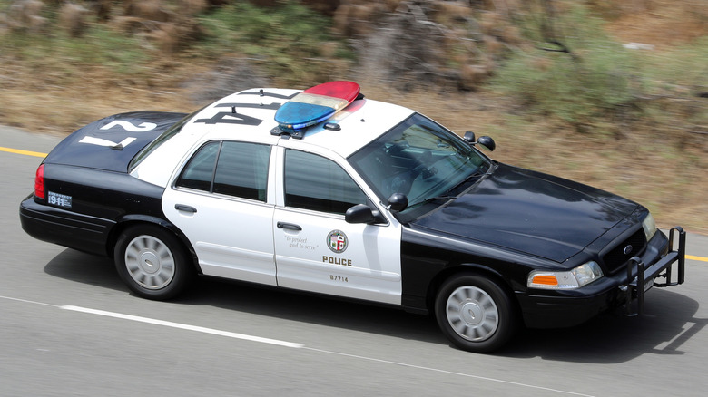 Полицейская машина Crown Victoria Interceptor едет по дороге