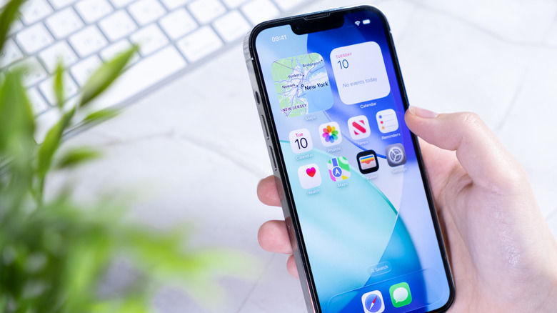 Человек держит iPhone и смотрит на главный экран