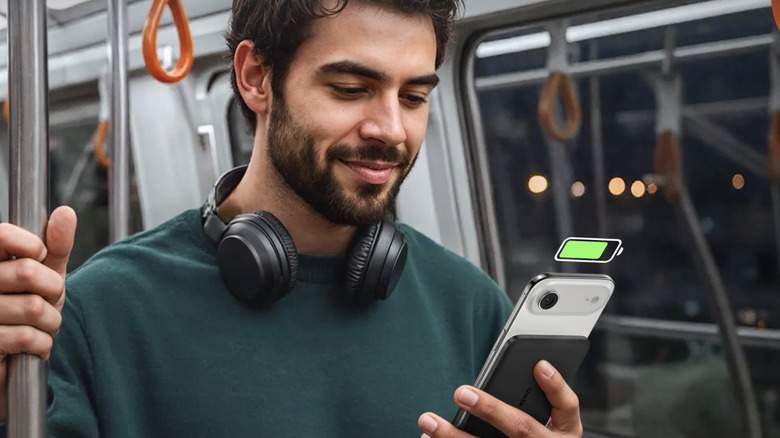 Мужчина в метро держит в руках смартфон с аккумулятором Anker, подключенным по беспроводной сети.