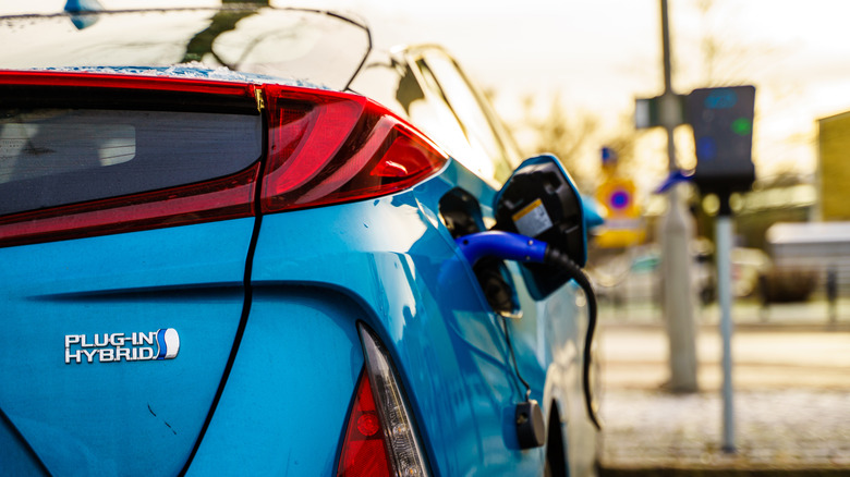Вид сзади на подключаемый гибрид Toyota Prius во время зарядки.