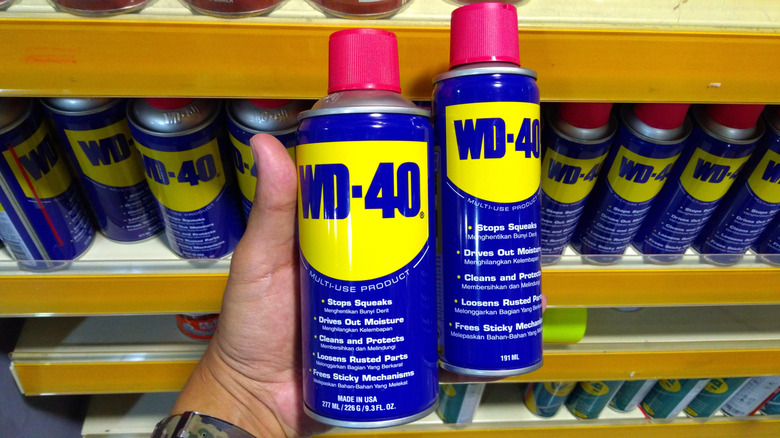 Руки держат бутылки с WD-40.